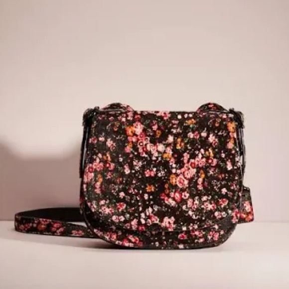 COACH Saddle 23 Cowhide $895 Floral Gunmetal Black Pink Leather CALF HAIR Auth - Picture 5 of 6